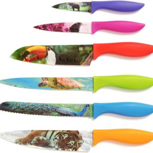 Colorful knife set with animal designs as gift for animal lovers.