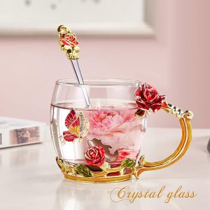Lead-free tea set gift features red cup with butterfly rose design.
