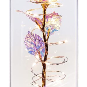Colorful light up rose in glass dome as anniversary gift.