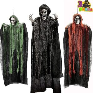 JOYIN Halloween Hanging Grim Reapers (3 Pack), One 47” and Two 35” Halloween Grim Reapers, Halloween Skeleton Flying Ghost for Haunted House Prop Décor, Halloween Outdoor Indoor Decor