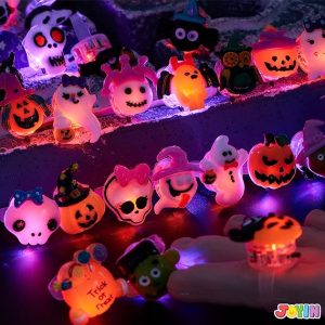 28 Pieces of Spooky Fashion Glowing LED Rings – Illuminate Your Halloween Party with Luminous Finger Ring Decorations!