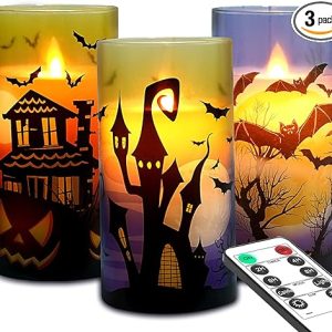 Glowing Castle, Witch, and Bats: Spooky Halloween LED Candles with Timer – Perfect for Home Décor