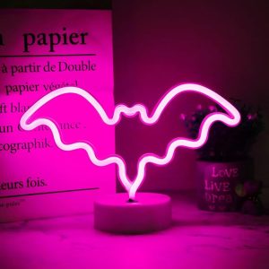 LED Neon Bat Lights Halloween Decorations, Bar, Wall, Spooky Decor-Bat with Holder Base(Pink)