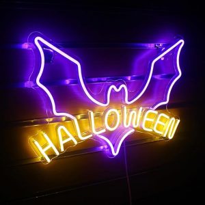 Purple Bat Neon Sign Halloween Decor USB Powered LED Light – Spooky Wall Decal for Bedroom, Holiday Gift