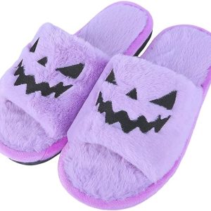 Spooky Pumpkin Plush Slippers: Cozy Open-Toe Fun for, Women, and Men!