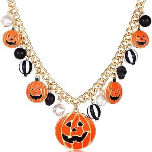 Mesmerizing Halloween Pumpkin Necklace | Cat Charms, Ghost Party Long Chain | Ideal for Women & Girls!