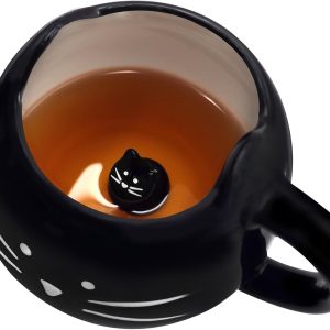 Cute ceramic cat coffee mug – 12oz black mug perfect for cat lovers, women and girls with fun feline design
