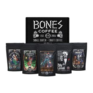 5 assorted new ground coffee flavors by Bones Coffee – 4oz bags of low acid medium roast gourmet beans