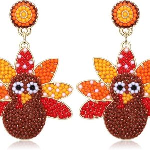 Handmade Thanksgiving Beaded Earrings – Fall Accessory for Women – Pumpkin, Turkey, Maple Leaf Design