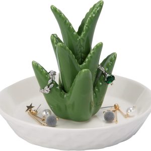 ceramic aloe ring holder with decorative white dish jewelry gift