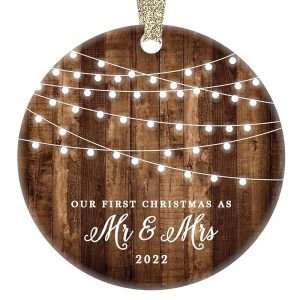 first christmas as mr mrs ornament 2023 rustic newlyweds 3 circle ceramic ornament