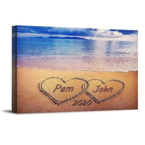 hearts on beach personalized photo or canvas prints with couple s names and date perfect love gift