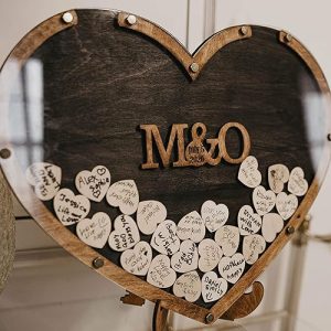 rustic wedding guest book with heart frame personalization